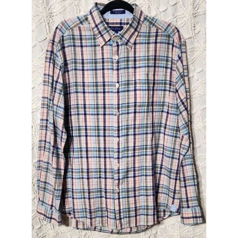 Alan Flusser‎ Button Up Mens L Linen Cotton Plaid Shirt Preppy Classic Business